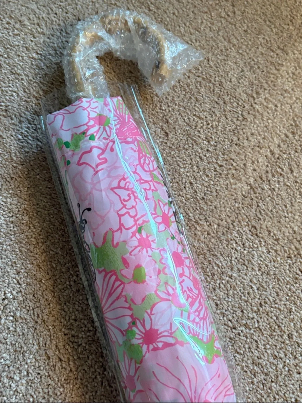 Lilly Pulitzer Pink Floral Women Umbrella with Faux Bamboo Handle - Picture 9 of 12